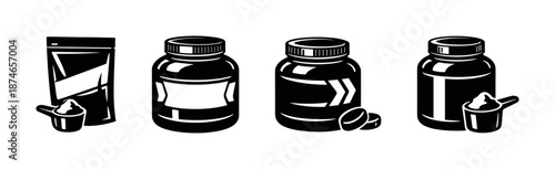 Supplement packaging vector icons set with bottles and containers design