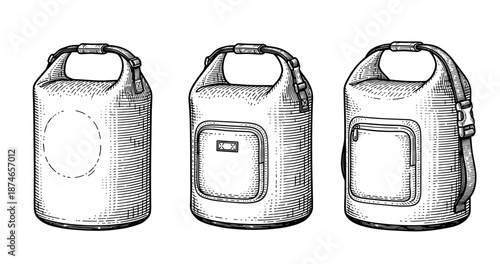 Set of three detailed vintage backpack illustrations in black and white