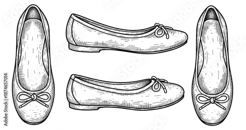 Vintage hand-drawn ballet flats with bows in multiple views