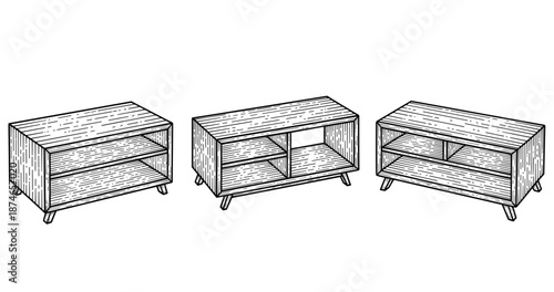 Set of three wooden cabinets with shelves and simple design in black and white sketch