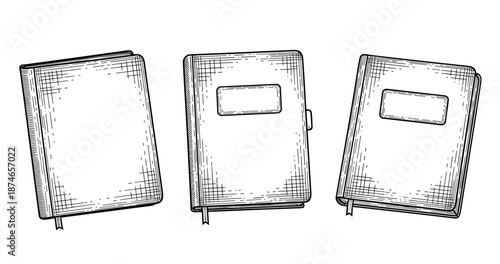 Vintage sketch of three gridded notebooks with labels and ribbons