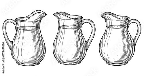 Set of three hand-drawn vintage pitchers in black and white line art style