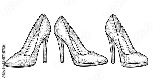 Hand-drawn high heels illustration with stiletto details in black and white