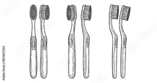 Set of line art toothbrushes in various angles
