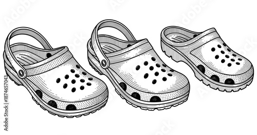 Black and white illustration of three casual clogs with strap and ventilation holes