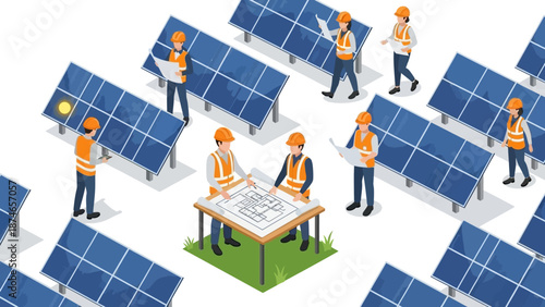 Isometric solar panel engineers: renewable energy planning and teamwork