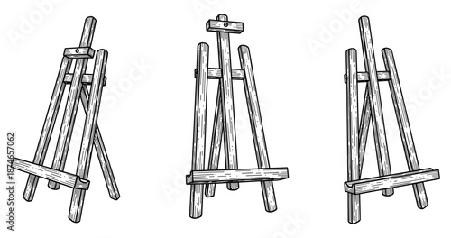Three wooden artist easels in detailed black and white sketch