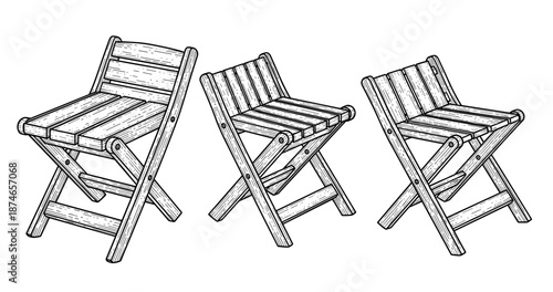 Set of three wooden folding chairs in vintage illustration style