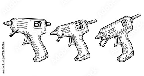 Set of three glue guns: hand-drawn sketch in black and white