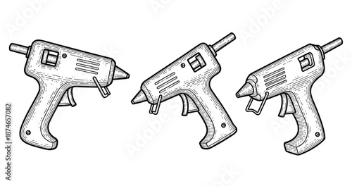 Set of three hand drawn glue guns in sketch style