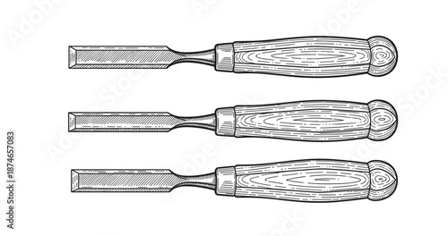 Vintage woodworking chisels with wooden handles in detailed line art