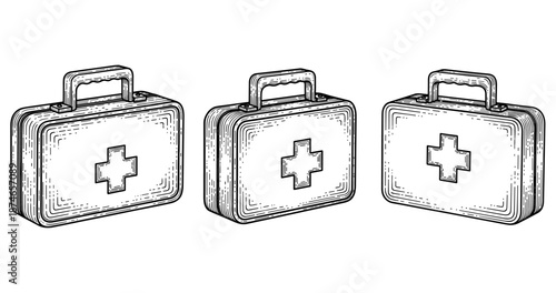 Three monochrome vintage first aid kits with cross symbol