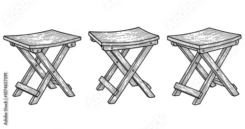 Sketch of three wooden folding stools with crossed legs on white background