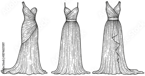 Elegant long dresses: vintage hand-drawn fashion illustration of three designs