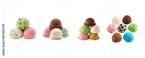 Variety of colorful ice cream scoops in different flavors and combinations