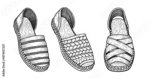 Sketch of three espadrille designs with stripes and braided patterns