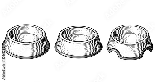 Vintage engraved ceramic bowls trio - intricate line art design