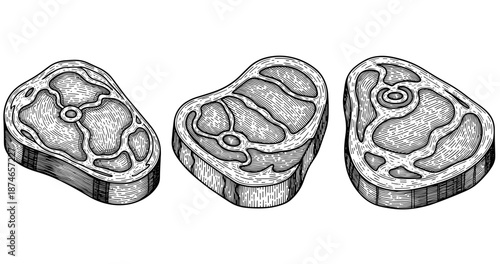 Detailed black and white illustration of raw steak cuts in sketch style