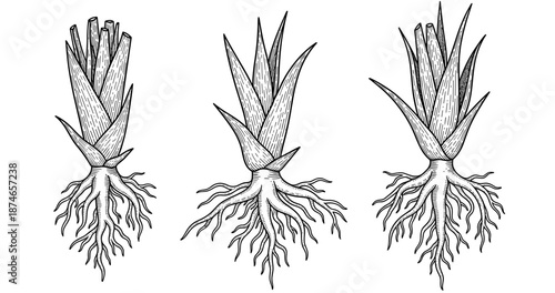 Hand-drawn botanical illustration of aloe vera plant with roots