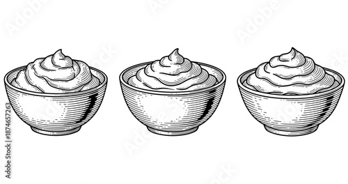 Vintage hand-drawn illustration of three bowls filled with whipped cream or frosting