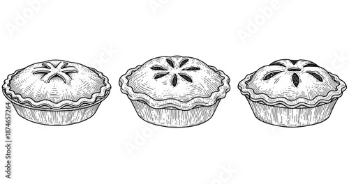 Hand-drawn apple pies sketch: trio of delicious homemade desserts