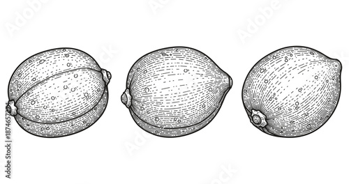 Three engraved citrus lemons: detailed black and white illustration
