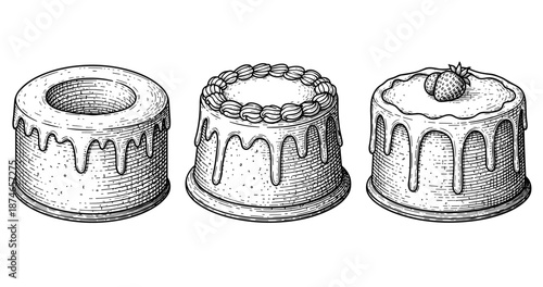 Hand-drawn vintage cakes: trio of glazed desserts with berries and decorative toppings