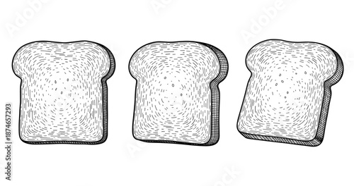 Hand-drawn bread slices sketch: three textured black and white loaves