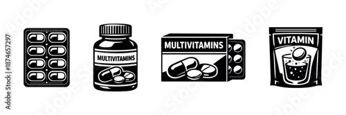 Multivitamins vector icons set: supplements, vitamins, health symbols collection