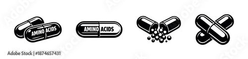Amino acids pills vector icons set for supplements and health design