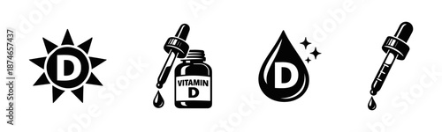 Vitamin d vector icons set: sun, dropper, liquid, supplement symbols in black