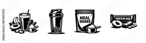 Nutrition vector icons set with protein shake, meal shake, energy bar, healthy food