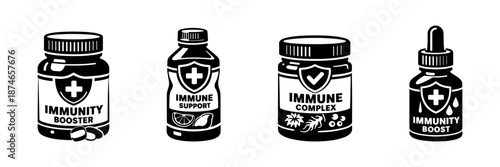 Immunity booster vector icons set with immune support and health symbols
