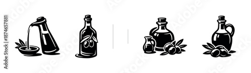 Olive oil vector icons set: flat black bottles and jugs, cooking essentials