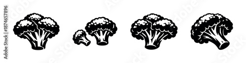 Broccoli vector icons set: healthy food symbols in flat style collection