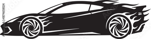 Aggressive black sports car silhouette featuring dynamic flame decals and swirling wheels
