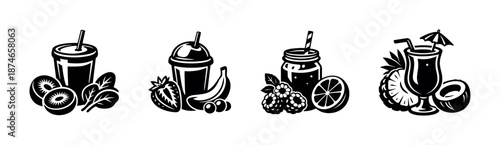 Fresh fruit drinks vector icons set: smoothies, juice, tropical beverage symbols