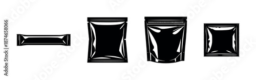 Sealed snack packaging vector icons set: flat, black pouches, bags, wrappers