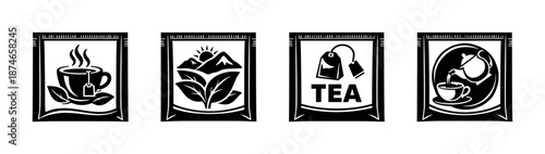 Tea vector icons set: black tea symbols, bag and cup designs