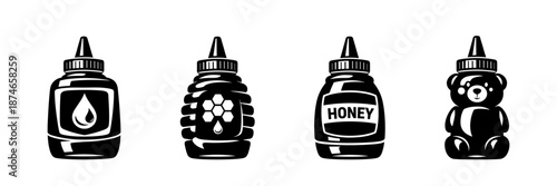 Honey container vector icons set: bear, squeeze bottle, honeycomb design