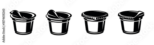 Cup of yogurt vector icons set. black and white illustrations. food packaging symbols