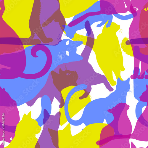Cute pattern with different cats. Seamless background with colorful cats vector print with flat cats. Hand drawn. Not AI,