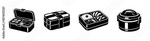 Bento lunch box vector icons set. food container symbols. meal packaging designs.