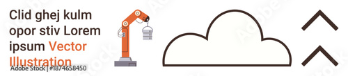 Cloud computing, automation, technology services, data storage, innovation, industrial processes. Robotic arm holding a small object next to a cloud and navigation arrows. Cloud computing