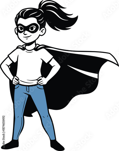 A confident young girl dressed as a superhero with a mask and cape, ready for action.