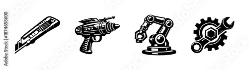 Tools and gadgets vector icons set: cutter, ray gun, robotic arm, wrench