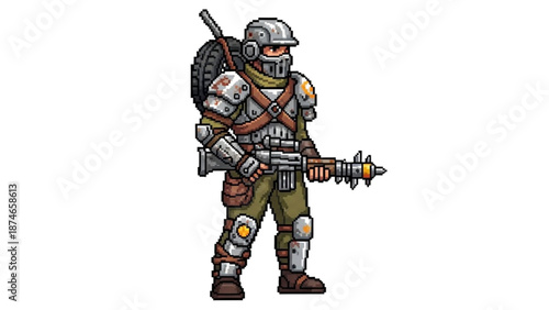 A pixelated illustration of a futuristic soldier in full gear, holding a large gun and wearing a backpack.