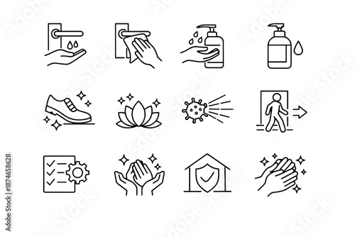 Set indoor hands cleaning hygiene vector bottle sanitize awareness cue safe icon