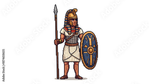 A cartoon illustration of an ancient Egyptian warrior standing with a spear and shield