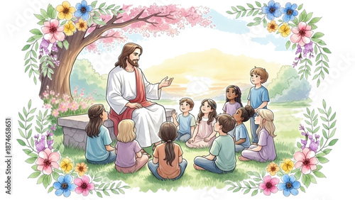A serene illustration of Jesus teaching children in a peaceful outdoor setting surrounded by flowers and trees.